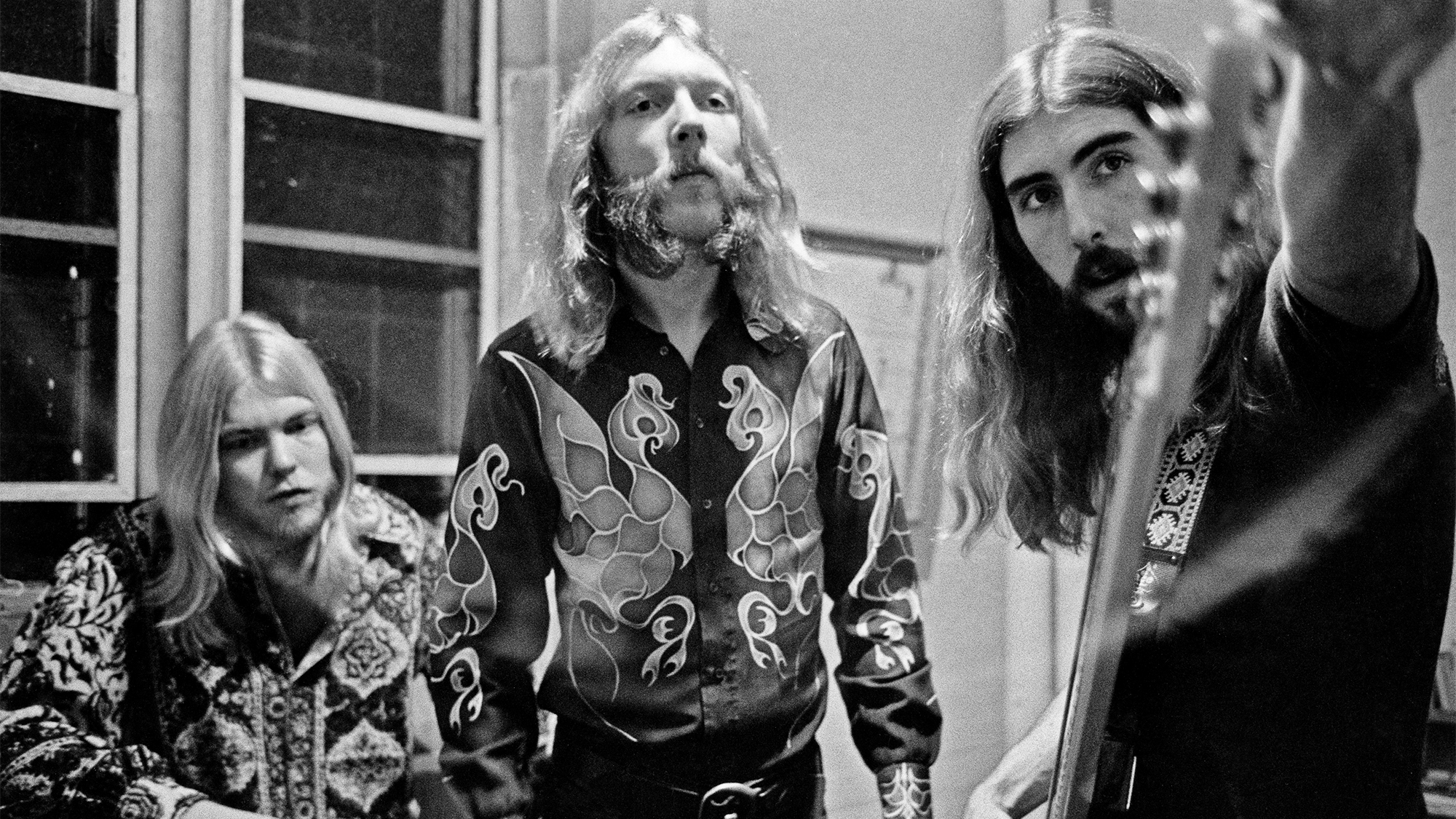 Gregg Allman, Duane Allman and Berry Oakley backstage before the Allman Brothers' performance at the Sitar on October 17, 1970 in Spartanburg, South Carolina.