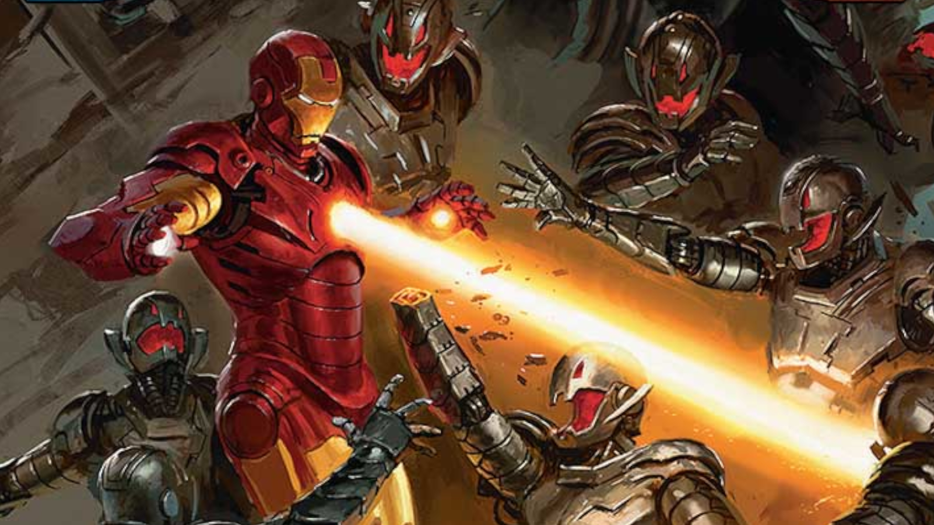 Iron Man fires a chest beam at Ultron bots in artwork from MTG Marvel Super Heroes