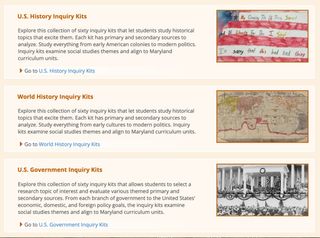Social Studies Inquiry Kits screenshot: U.S. History, World History, U.S. Government