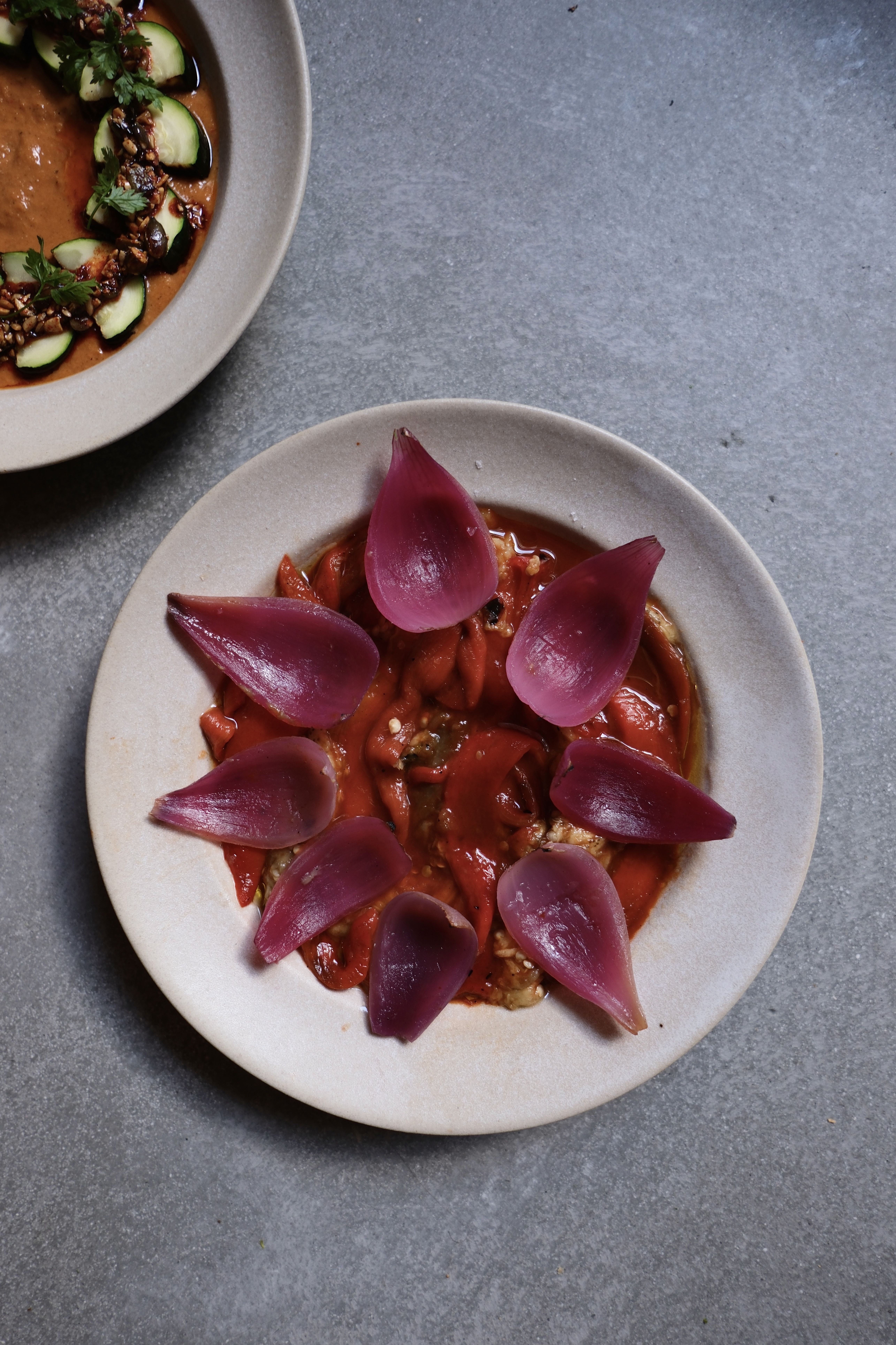 Two beautifully plated vegetarian starters of peppers, hummus, and pickled onions, and of courgette, seeds, and tomato respectively sit atop a textured gray surface.