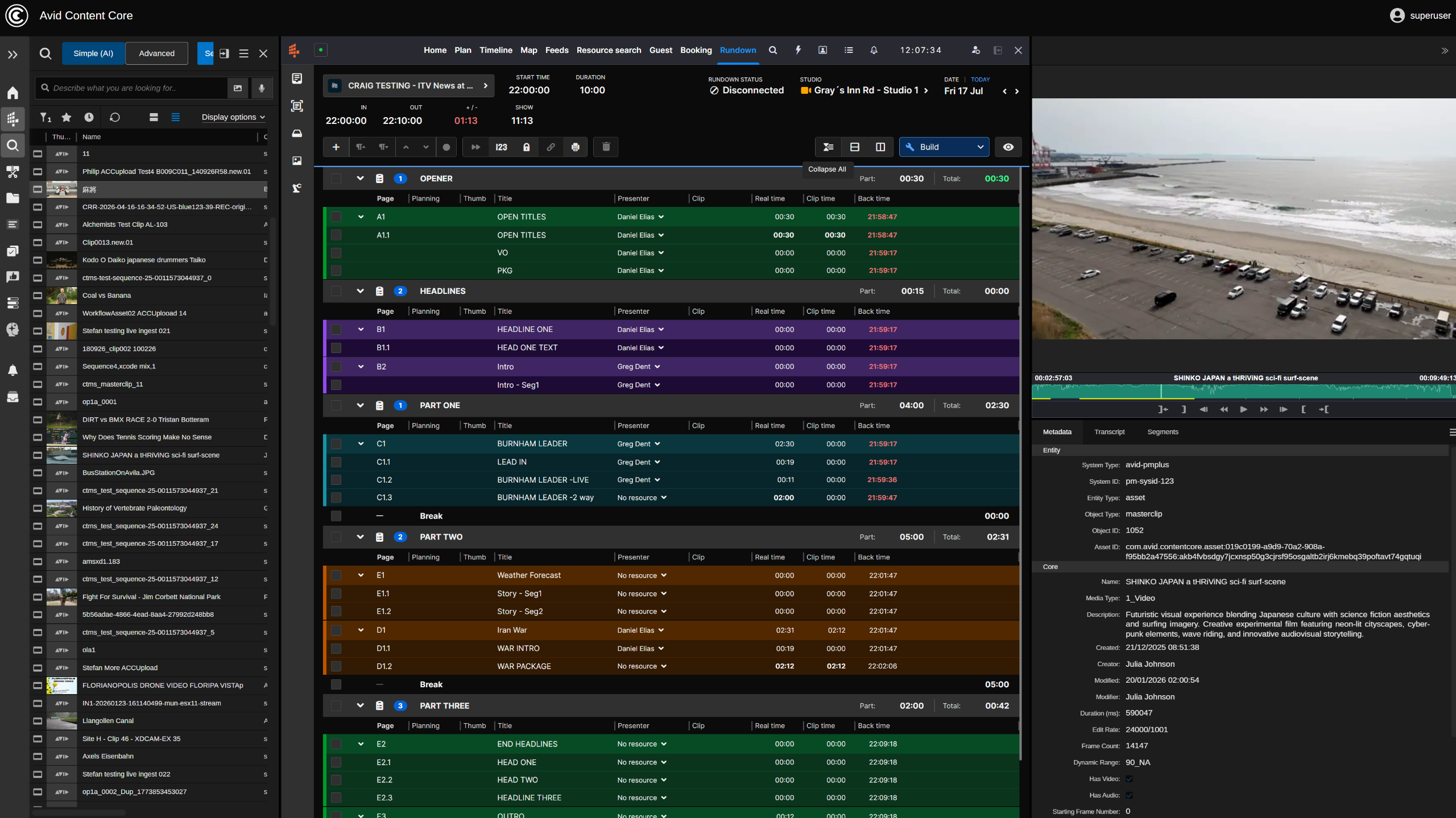 Avid rundown in Content Core