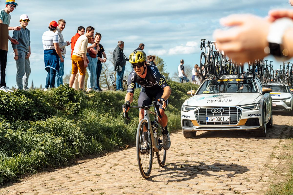 Cyrus Monk (Q36.5 Pro Cycling) races over a cobbled sector solo during the 2024 Paris-Roubaix