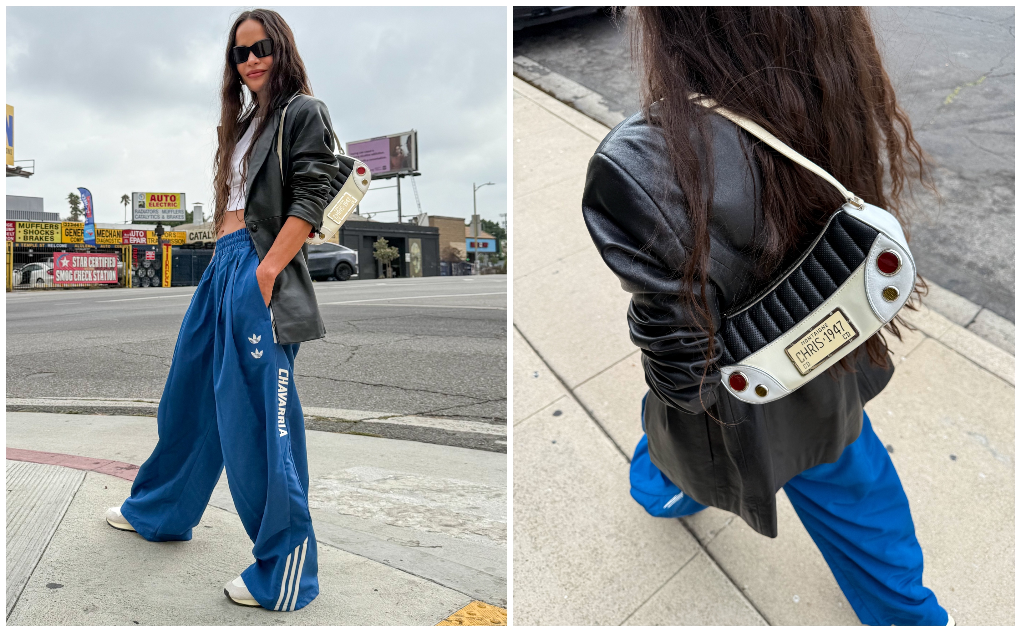 collage of Sophie Lopez wearing leather jacket, track pants, sneakers, and designer bag