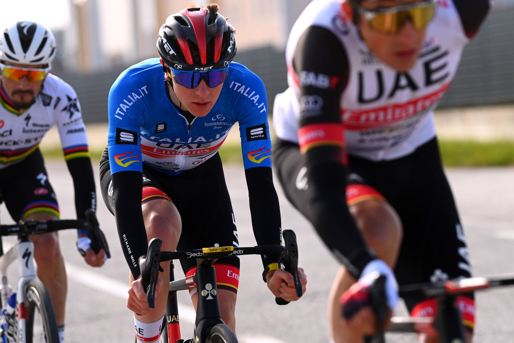 FERMO ITALY MARCH 11 Tadej Pogacar of Slovenia and UAE Team Emirates Blue Leader Jersey competes during the 57th TirrenoAdriatico 2022 Stage 5 a 155km stage from Sefro to Fermo 317m TirrenoAdriatico WorldTour on March 11 2022 in Fermo Italy Photo by Tim de WaeleGetty Images