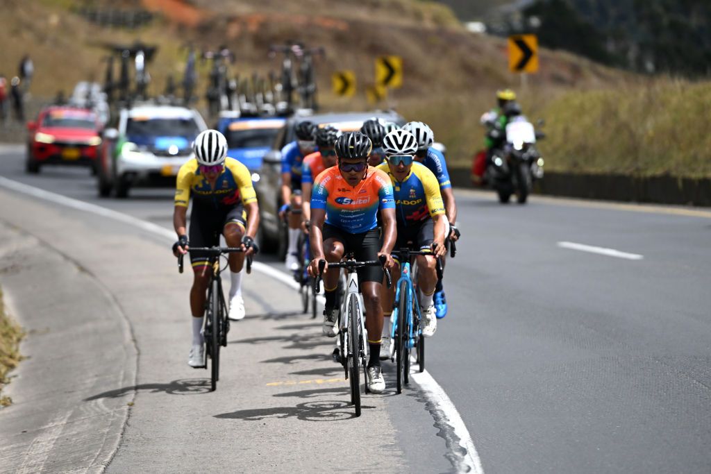 ZIPAQUIRA COLOMBIA FEBRUARY 09 LR Franklin Joel Revelo of Ecuador and Team Saitel and Byron Guama of Ecuador and Team Ecuador compete in the breakaway during the 4th Tour Colombia 2024 Stage 4 a 1818km stage from Paipa to Zipaquira on February 09 2024 in Zipaquira Colombia Photo by Maximiliano BlancoGetty Images