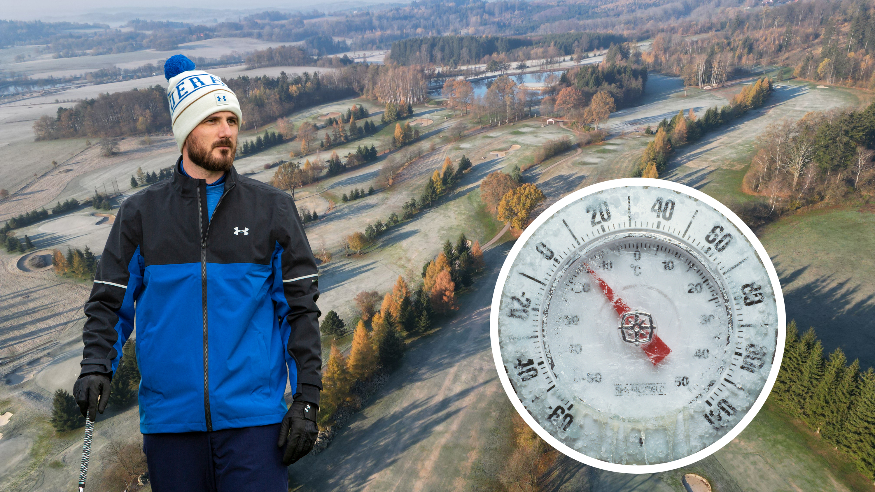 Baz Plummer in his winter golf apparel, with a wooly hat, gloves and jacket on, in front of a frost covered golf course and with an inset image of a freezing thermometer