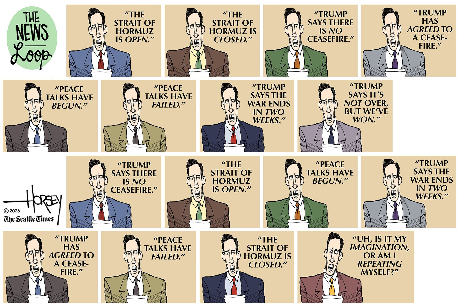 
                                This is cartoon titled The News Loop depicts a male news anchor as he cycles through conflicting statements
                            