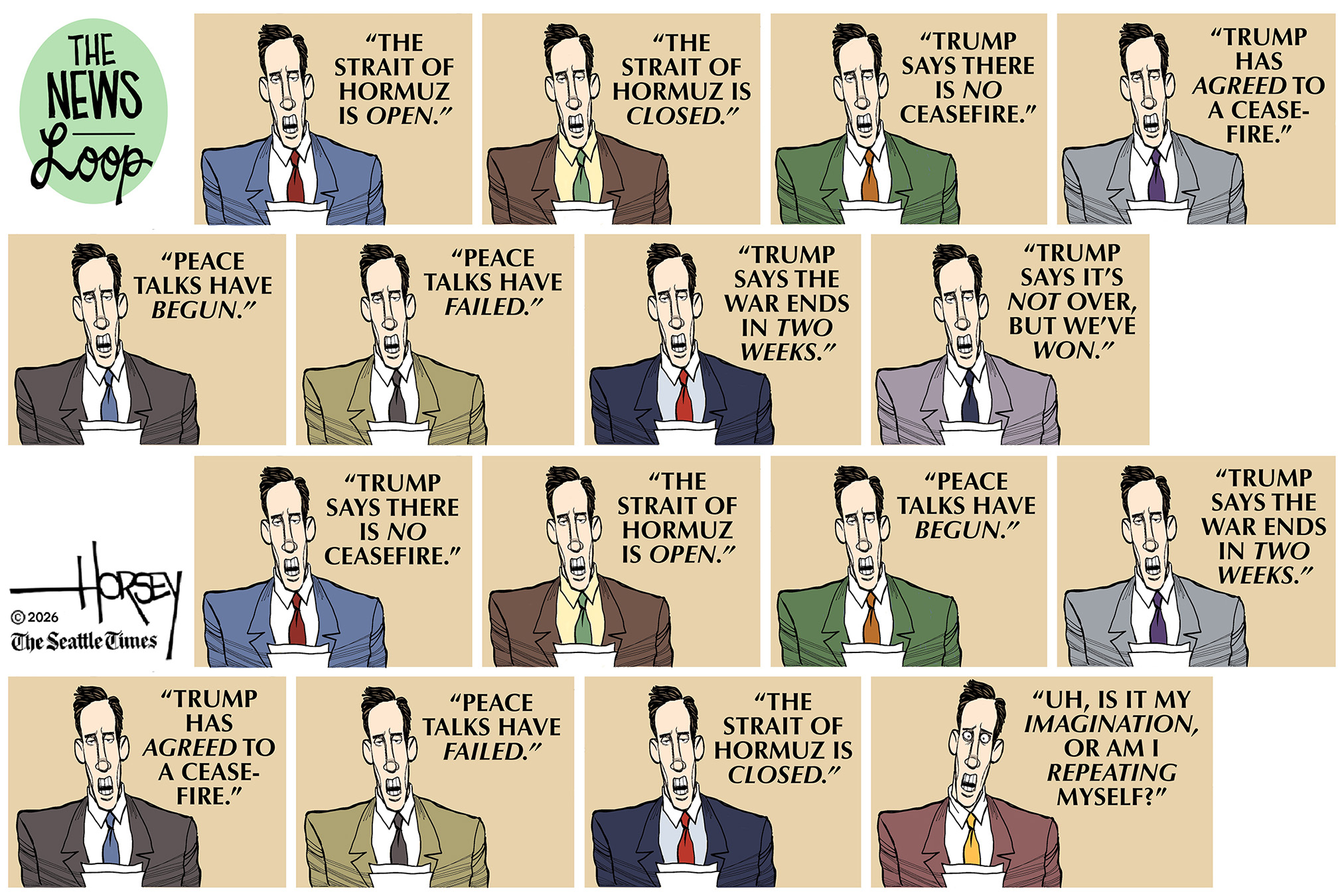 This is cartoon titled The News Loop depicts a male news anchor as he cycles through conflicting statements