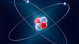 An illustration of a helium atom, with two protons and neutrons in its nucleus.