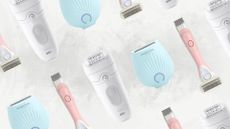 Collage of three of the best bikini trimmers featured in this guide from Wilkinso, Braun and Magnitone, set at an angle against a marble effect background