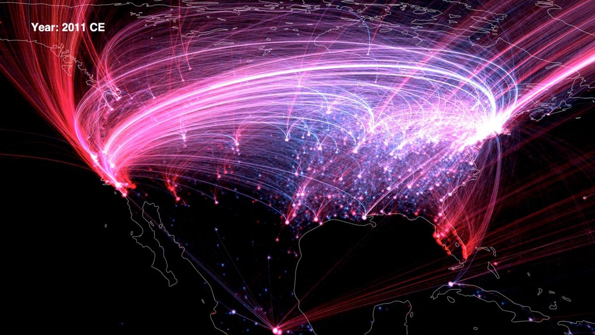 Visualization of birth-death dynamics (with dots and lines representing notable individuals moving toward their death locations), in North America through 2012.