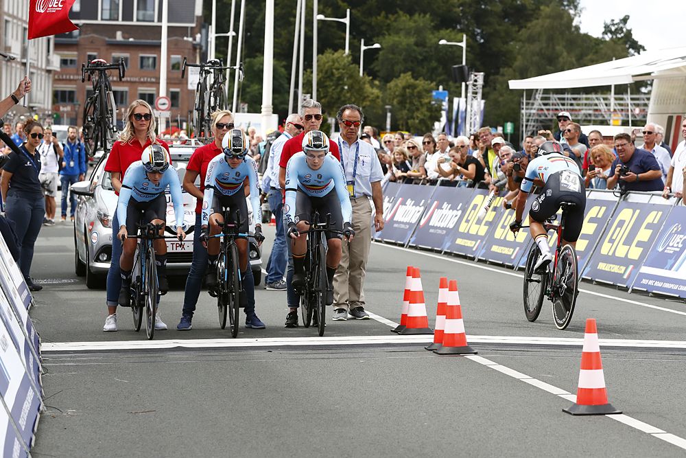 Thomas De Gendt of Belgium / Lawrence Naesen of Belgium / Otto Vergaede of Belgium / Sanne Cant of Belgium / Sofie De Vuyst of Belgium / Lotte Kopecky of Belgium / during the 25th UEC Road European Championships 2019 - Mix Relay