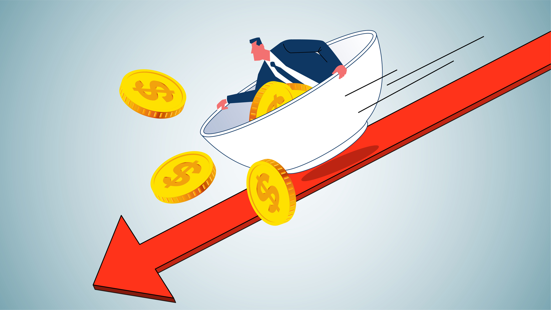 an animation of a man riding downward as cash drops out of his possession