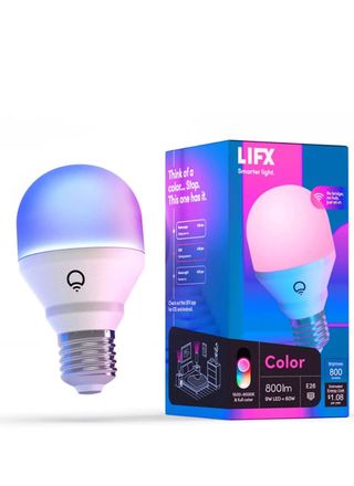 LIFX Color A19 light bulb and packaging on a white background.