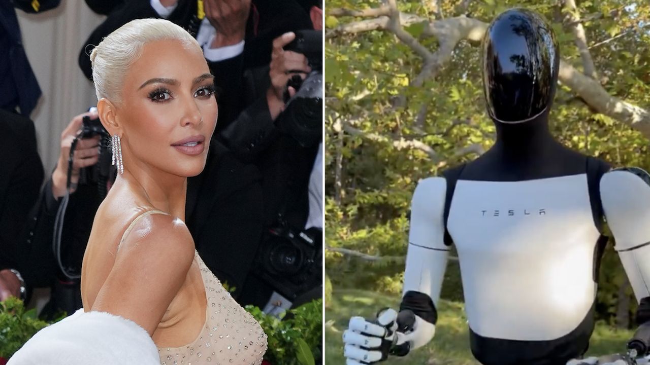 Kim Kardashian wears Marilyn Monroe&#039;s sparkly nude dress to the Met Gala, and has bleached blonde hair and diamond drop earrings, and she shows off her new Tesla robot on social media