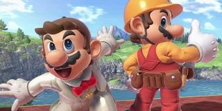 A couple different versions of Mario in Smash Bros. Ultimate.