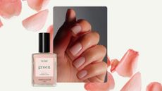 A close-up of hand with milky rose-pink nails, created by nail artist, Mateja Novakovic (@matejanova)/ on a cream background with pink rose petals scattered across it and a product shot of the Manucurist Pale Rose Green nail polish.