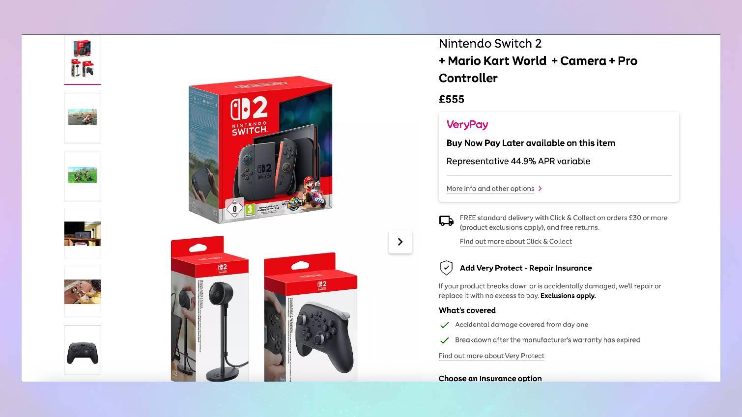Screenshot of Very Nintendo Switch 2 bundle listing page