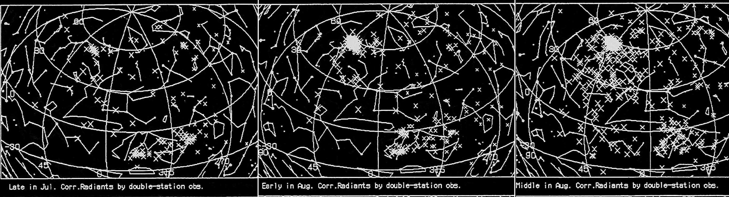 Un mapa del cielo nocturno con múltiples X que muestra dónde aparecerán las lluvias de meteoritos en el verano de 2024.