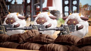Palworld screenshot showing sheep creatures with big guns
