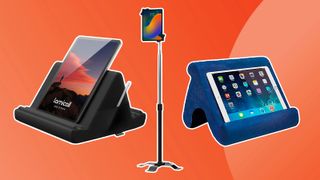 Product shots of the various best iPad holders for bed on a bright orange background