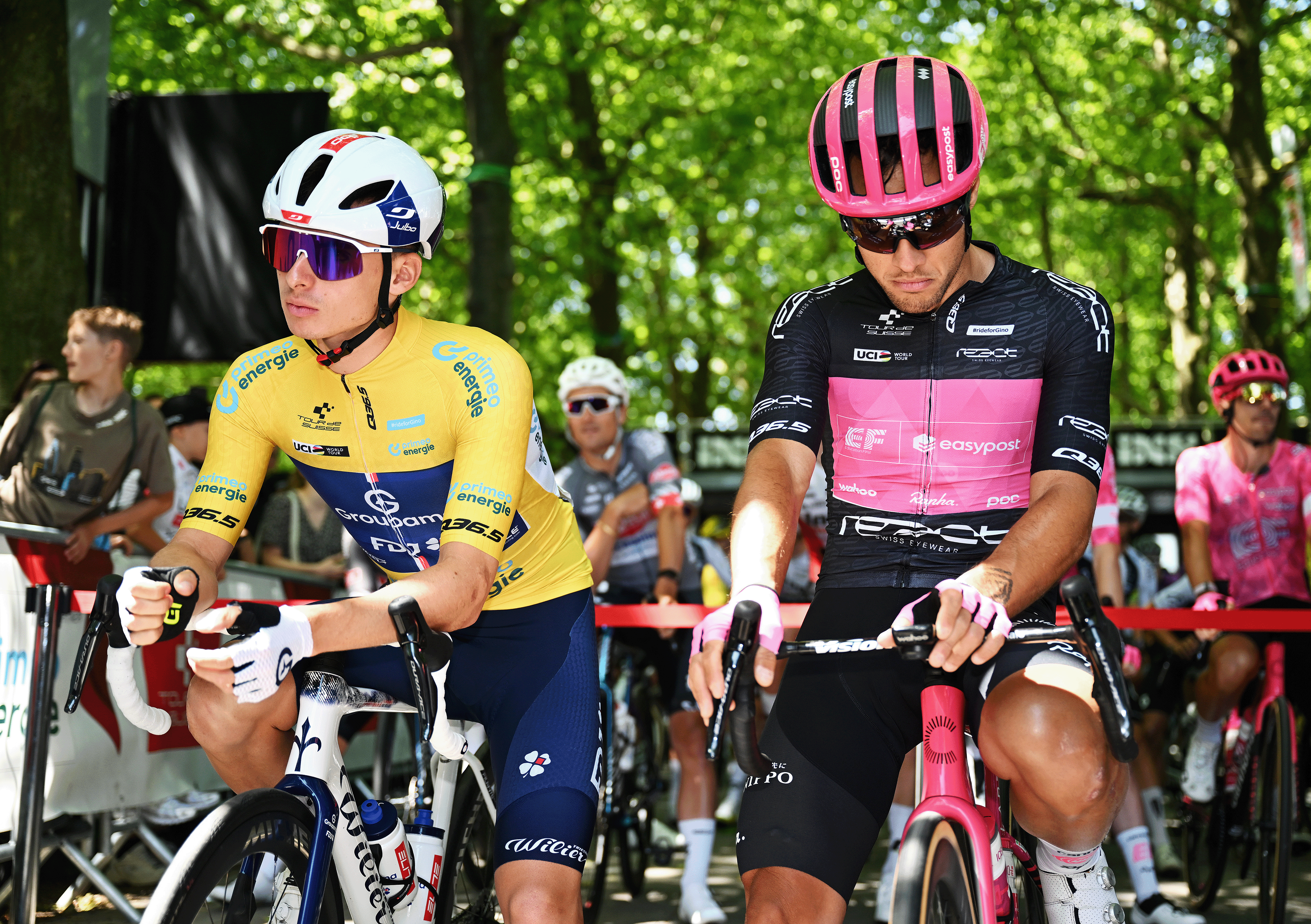 AARAU, SWITZERLAND - JUNE 17: (L-R) Romain Gregoire of France and Team Groupama - FDJ - Yellow leader jersey, Vincenzo Albanese of Italy and Team EF Education - EasyPost - Black Points Jersey prior to the 88th Tour de Suisse, Stage 3 a 195.6km stage from Aarau to Heiden 809m / #UCIWT / on June 17, 2025 in Aarau, Switzerland. (Photo by Tim de Waele/Getty Images)
