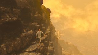 Baby Steps PS5 game; a man walks up a mountain