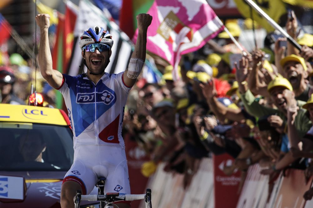 Thibaut Pinot celebrates winning stage 20 of the 2015 Tour de France