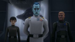 Still from Star Wars Rebels Season 3 Episode 1: An Inside Man. Grand Admiral Thraw (blue skin, short dark blue hair and striking red eyes) is wearing a white uniform with medals attached to his chest. On either side just behind him is an officer in black uniform (left: woman with short, cropped black hair and right: Man with light brown hair and beard).