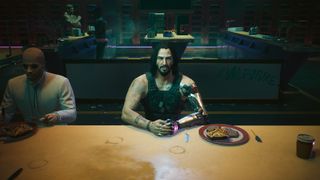 Cyberpunk 2077: Johnny Silverhand sits at a restaurant table with his hands together next to a plate of food