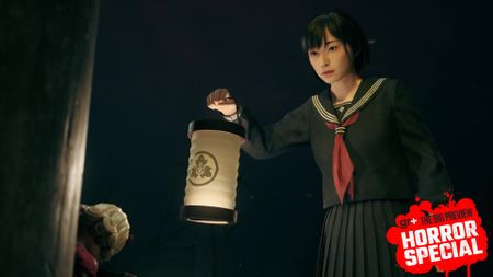 Hinako raises a lantern to look at a strange doll within the shrine world in Silent Hill f, from the Tokyo preview, with the GamesRadar+ Big Preview Horror Special 2025 badge branding