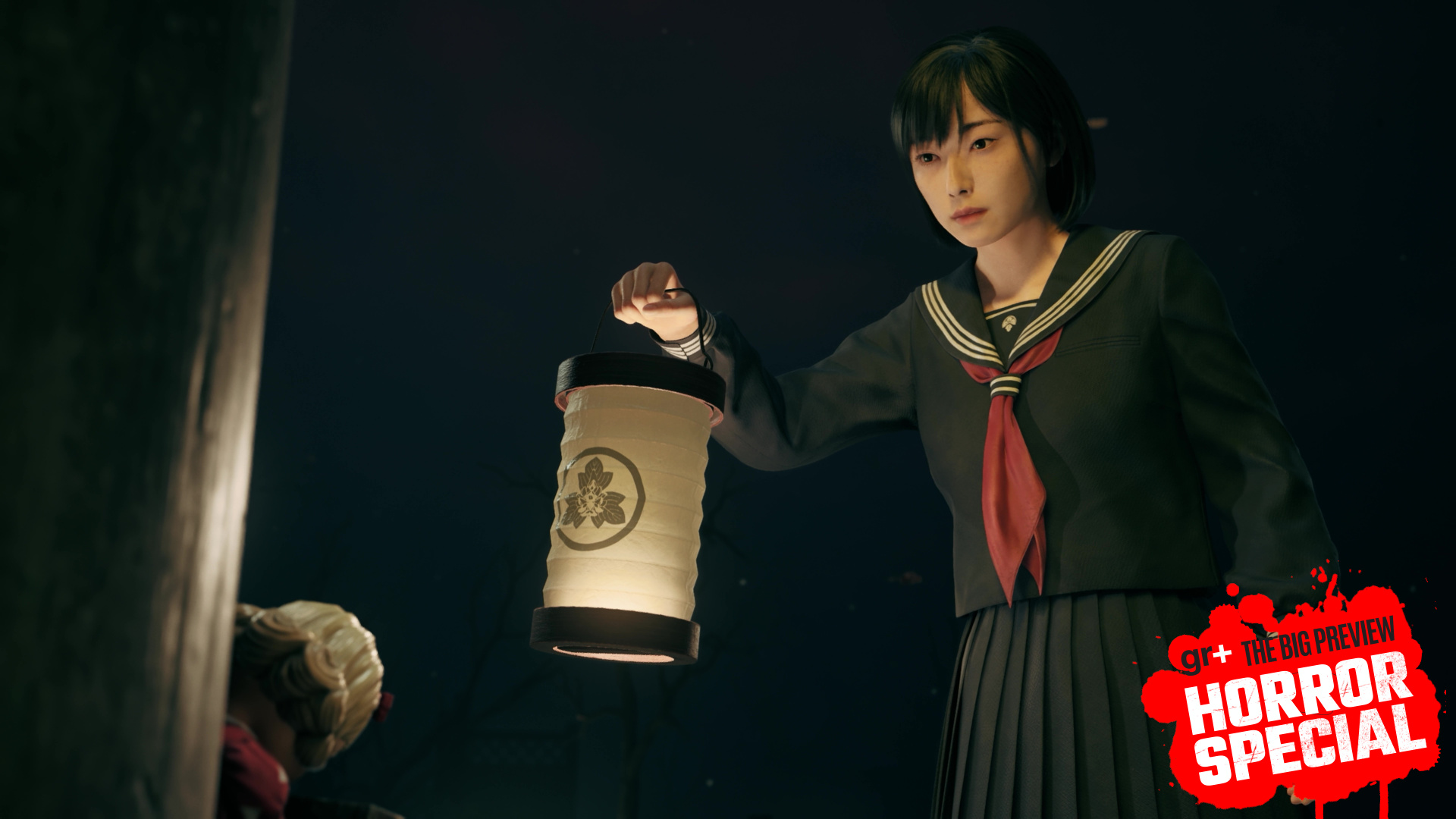 Hinako raises a lantern to look at a strange doll within the shrine world in Silent Hill f, from the Tokyo preview, with the GamesRadar+ Big Preview Horror Special 2025 badge branding