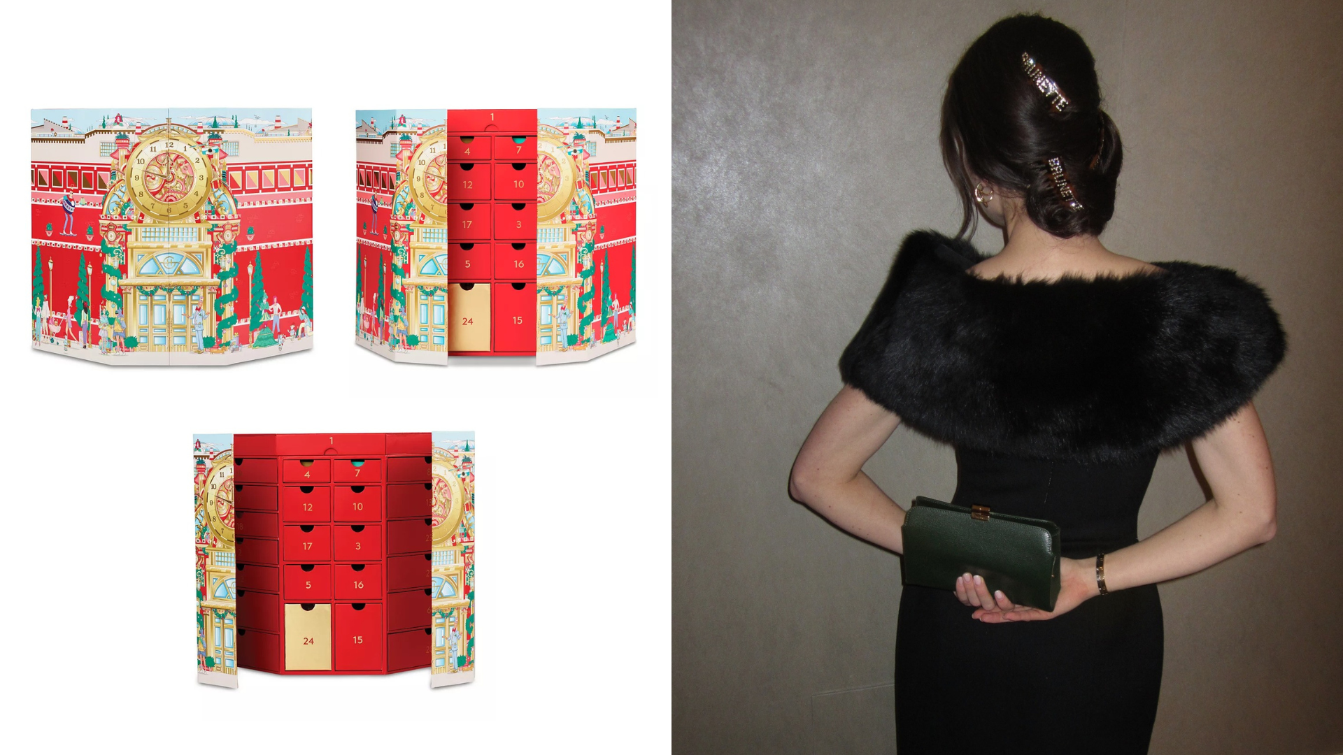 Photo collage of @annabelrosendahl wearing a fur stole and Glasshouse Fragrances 2025 Advent Calendar 