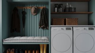 Bootility room with washer and dryer and coat and shoe rack
