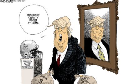 Political cartoon U.S. Donald Trump charity 2016 election