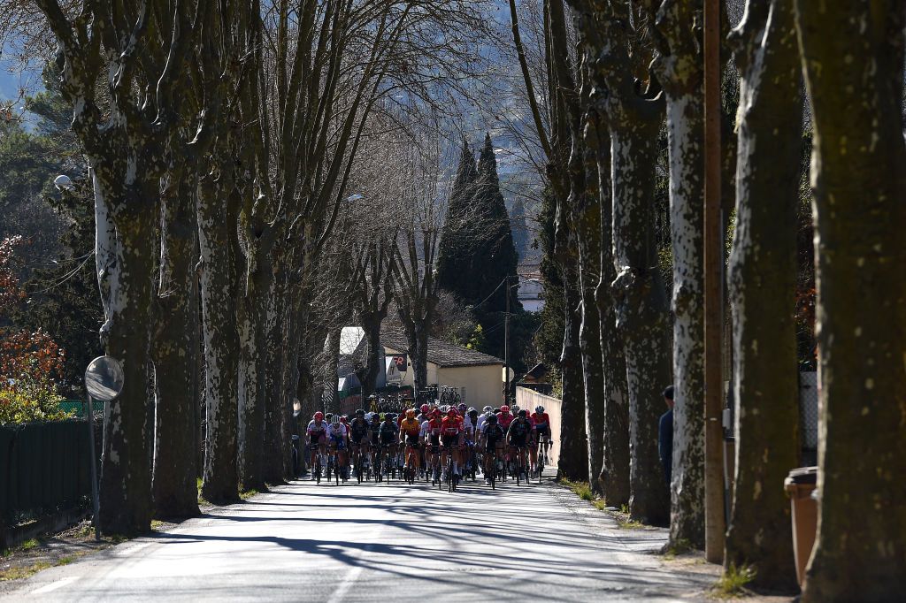 BLAUSASC FRANCE FEBRUARY 20 A general view of the peloton competing during the 54th Tour Des Alpes Maritimes Et Du Var Stage 3 a 1126km stage from Villefranche sur Mer to Blausasc on February 20 2022 in Blausasc France Photo by Dario BelingheriGetty Images
