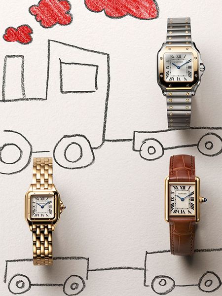 3 Goldsmiths watches next to a child's drawing of a train