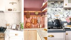 Three pictures showing kitchen storage mistakes fixes - a white kitchen with a cookbook on the countertop, a pink kitchen with wooden shelves, and white and black kitchen with a black kettle and cookies