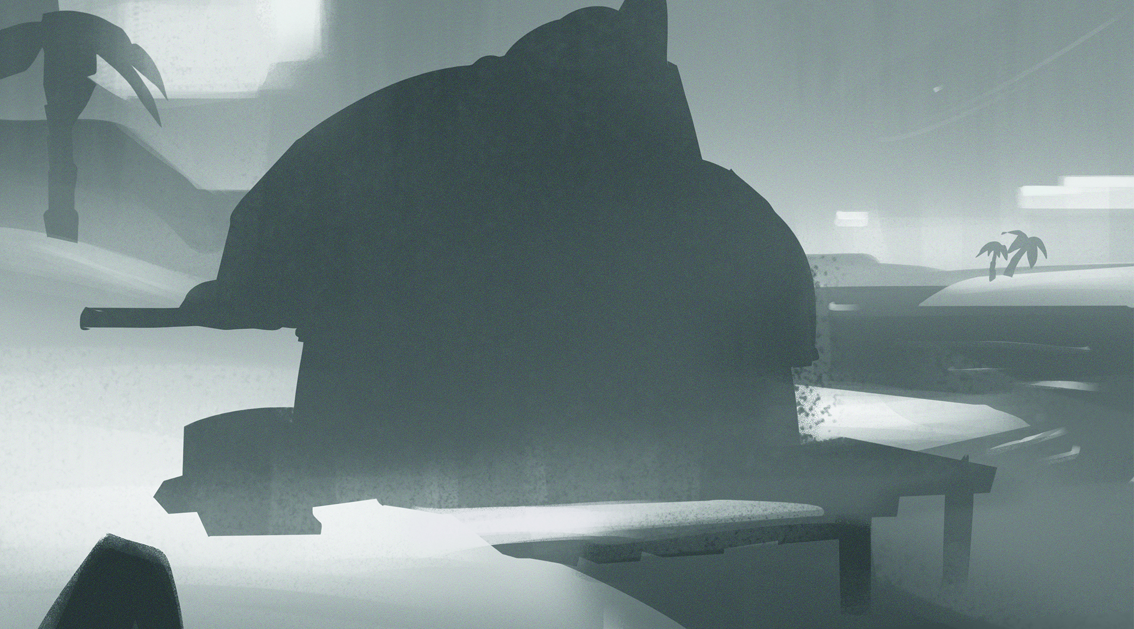 A black and white block in of a beach scene