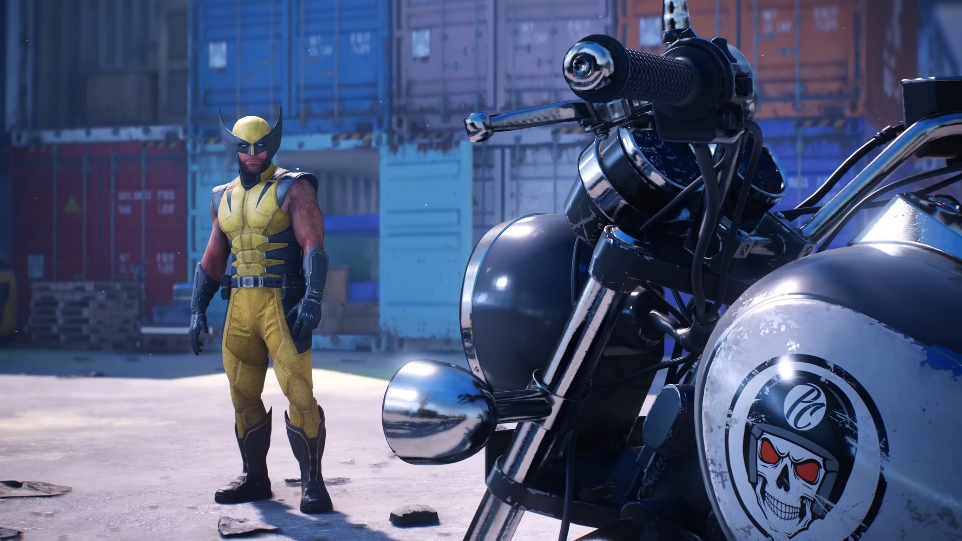 Wolverine stands in a shipping yard looking at a gleaming motorcycle in the foreground in Marvel's Wolverine