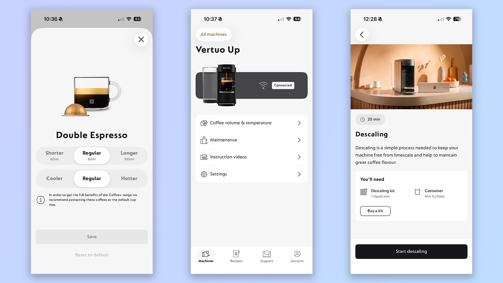 three screenshots from the nespresso smart app showing functionality with the nespresso vertuo up