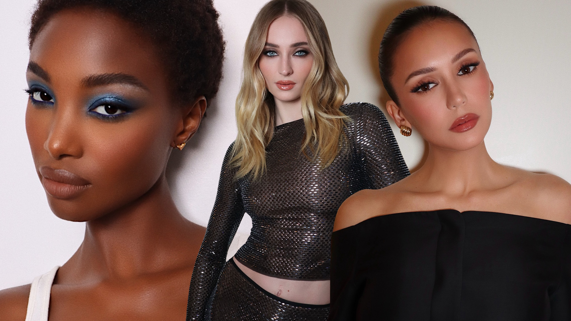 A woman wearing blue eye shadow, Sophie Turner wearing smudged eyeliner, and Nina Dobrev wearing terracotta blush