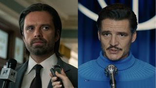 Sebastian Stan looks to the side with uncertainty in Thunderbolts*, pictured next to Pedro Pascal speaking at a press conference in The Fantastic Four: First Steps.