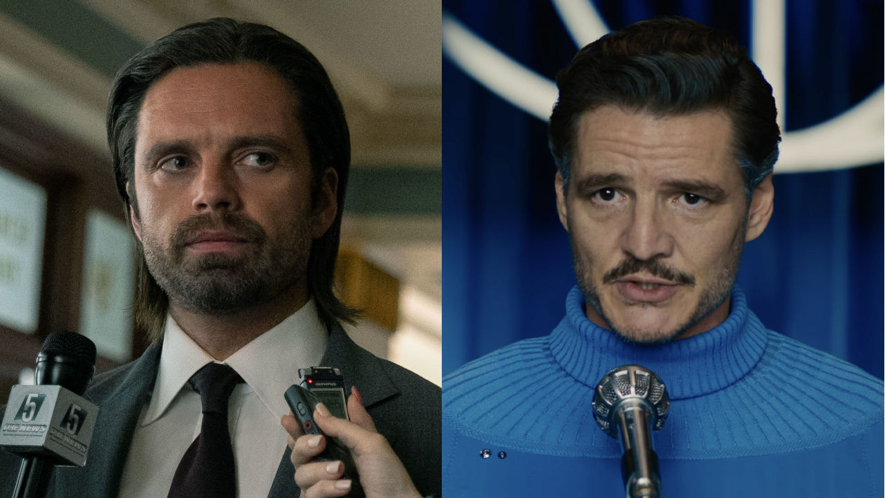 Sebastian Stan looks to the side with uncertainty in Thunderbolts*, pictured next to Pedro Pascal speaking at a press conference in The Fantastic Four: First Steps. 