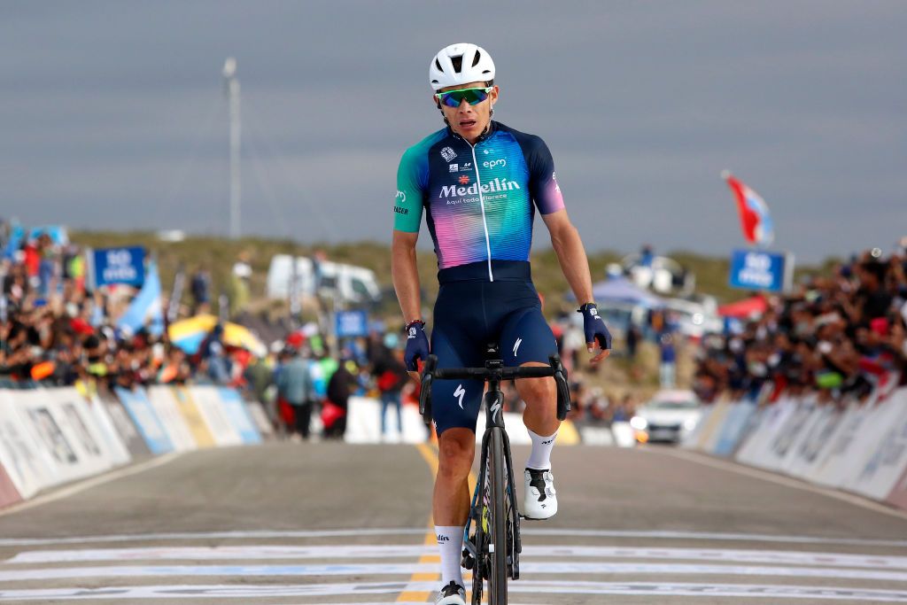 ALTO COLORADO ARGENTINA JANUARY 27 Miguel Angel Lopez of Colombia and Team Medellin EPM celebrates at finish line as stage winner during the 39th Vuelta a San Juan International 2023 Stage 5 a 1733km stage from Chimbas to Alto Colorado 2623m VueltaSJ2023 on January 27 2023 in Alto Colorado Argentina Photo by Maximiliano BlancoGetty Images