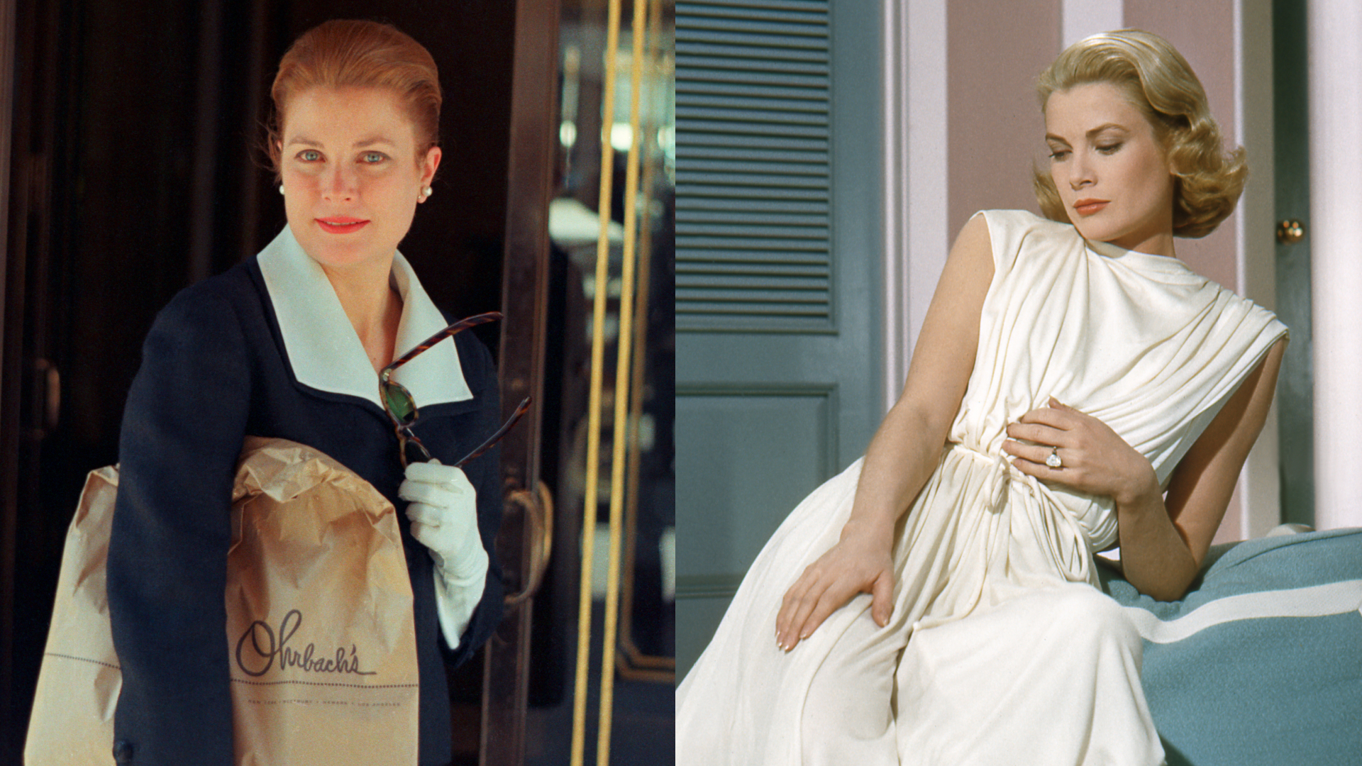 A split image of Grace Kelly wearing a navy suit and a white gown in 'High Society'