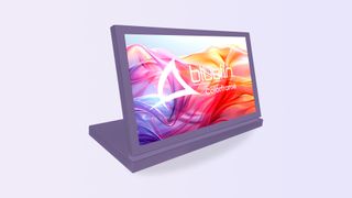 The Bluefin COLORFRAME logo on a tablet in front of sea of reds, purples, and yellows. 