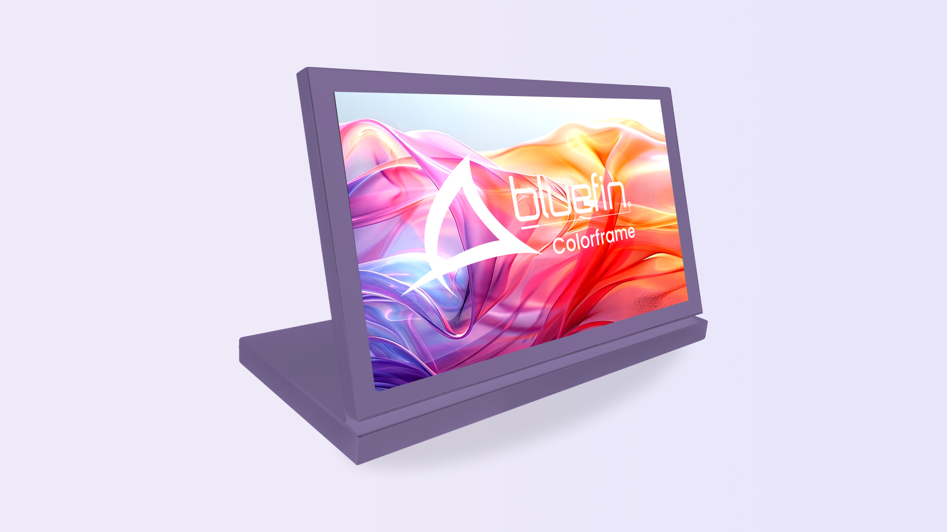 The Bluefin COLORFRAME logo on a tablet in front of sea of reds, purples, and yellows. 
