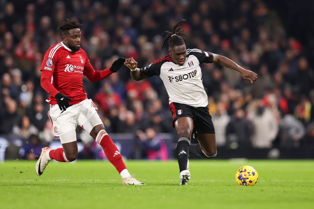 Calvin Bassey of Fulham and Divock Origi of Nottingham Forest during the Premier League match between Fulham FC and Nottingham Forest at Craven Cottage on December 6, 2023 in London, England. (Photo by Jacques Feeney/Offside/Offside via Getty Images)