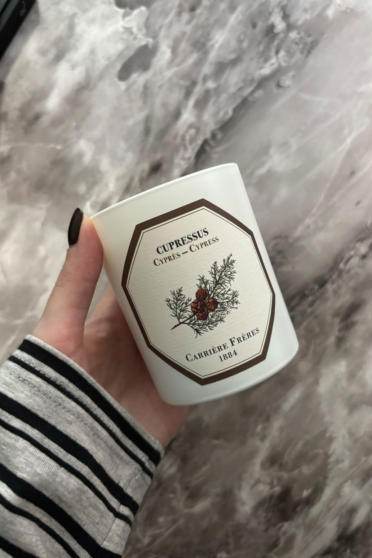 Deputy beauty editor Grace Lindsay holding the Carri&amp;egrave;re Fr&amp;egrave;res Cupressus candle